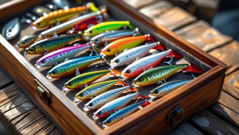 Bass fishing lures in a case on a table